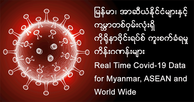 မြန်မာနိုင်ငံ၊ အာဆီယံနိုင်ငံများနှင့် ကမ္ဘာတစ်ဝှမ်းလုံးရှိ ကိုရိုနာဗိုင်းရပ်စ် ကူးစက်ခံရမှု ကိန်းဂဏန်းများ - Real Time Covid-19 Data for Myanmar, ASEAN and World Wide